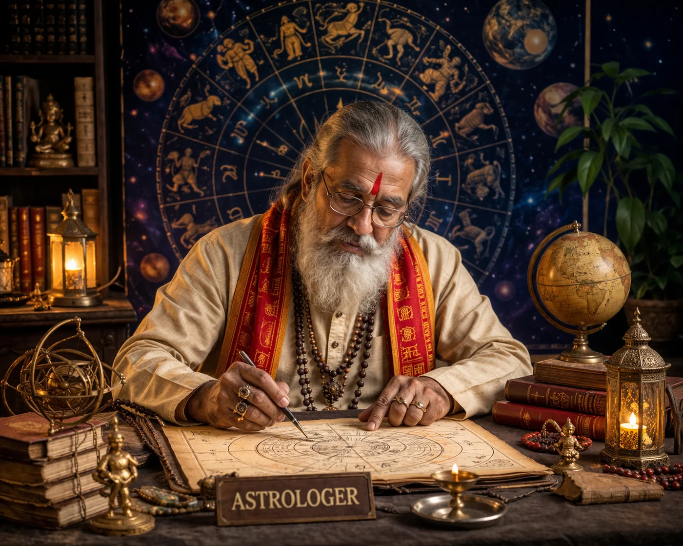 Illustration of an astrologer studying a birth chart