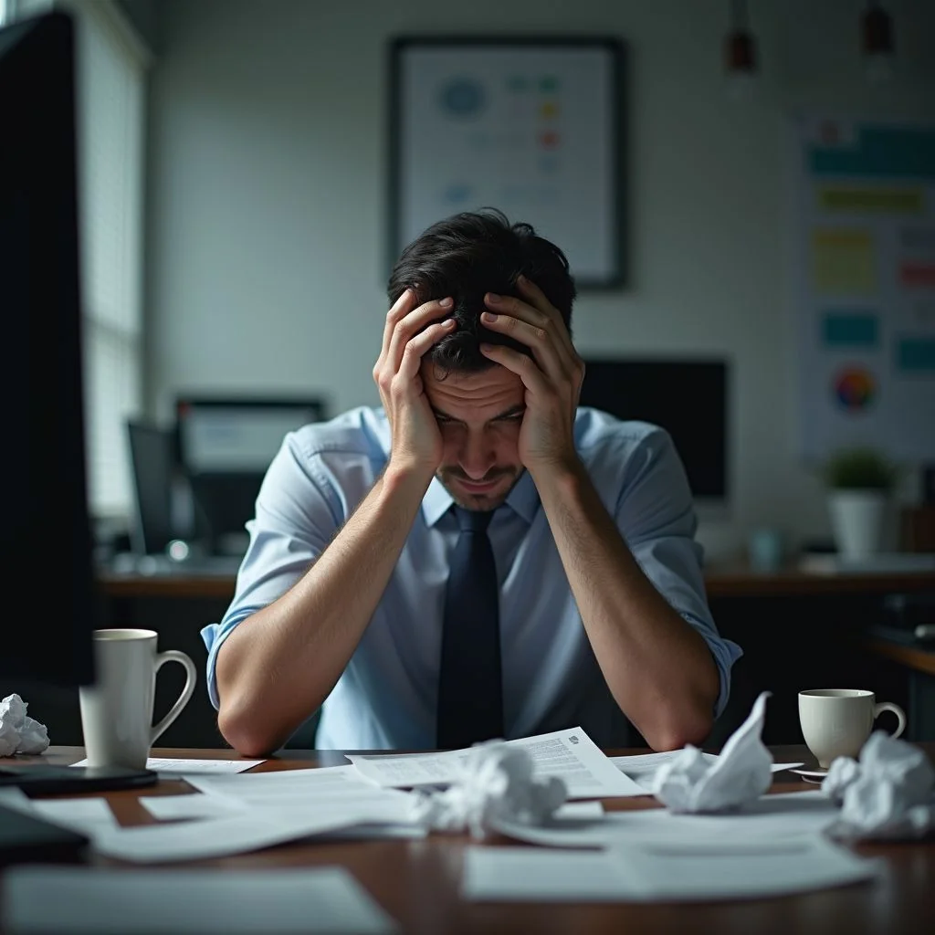 A professional sitting at a desk with work-related concerns