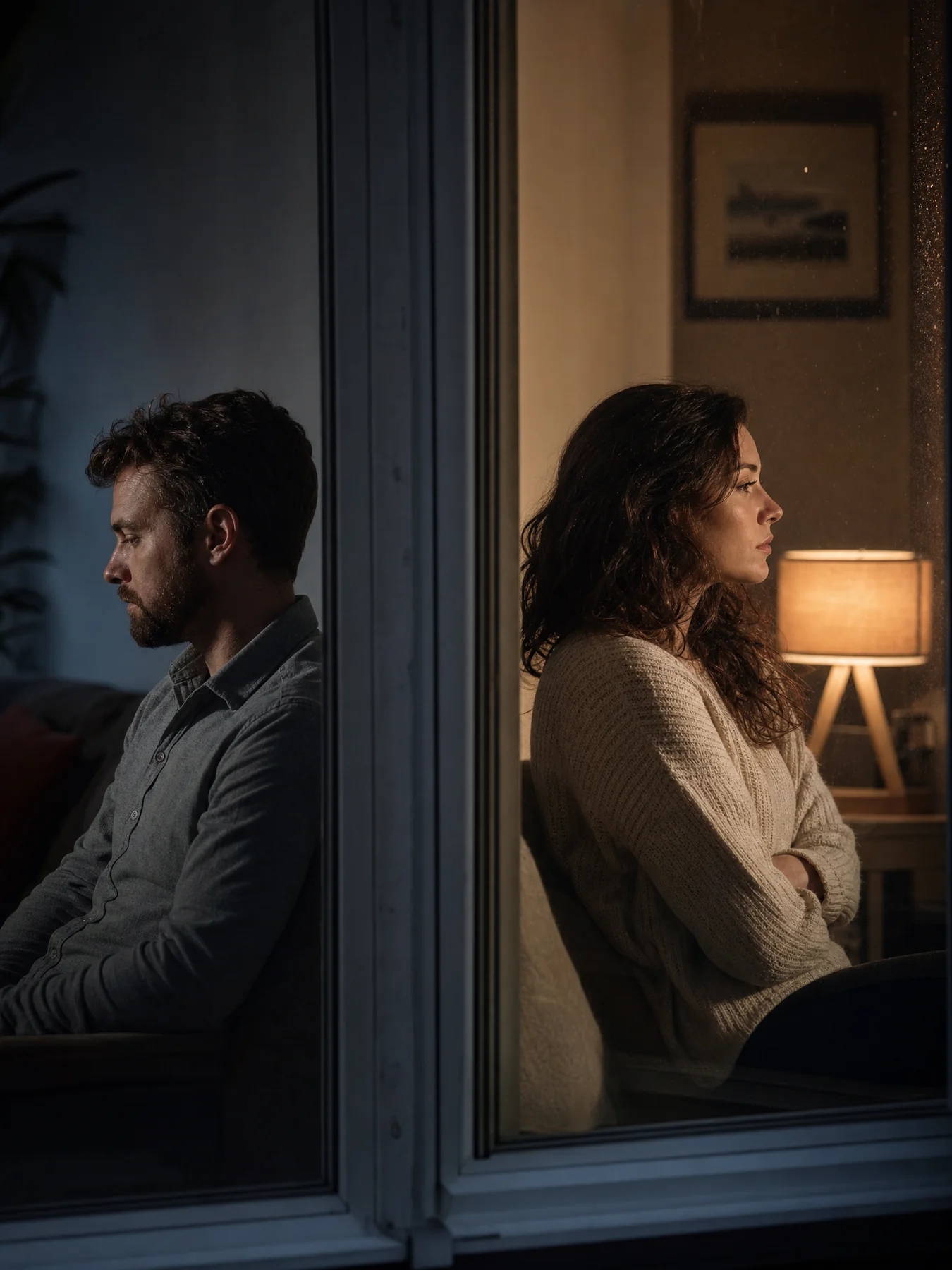 Illustration of a couple sitting apart on opposite sides of a window