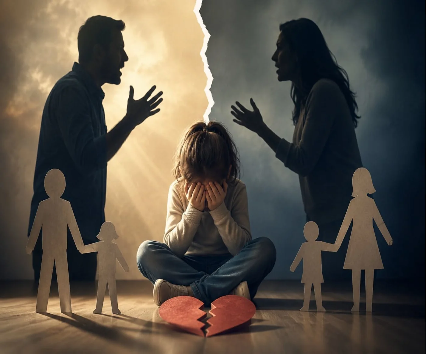 Conceptual illustration of family conflict and its effect on a child