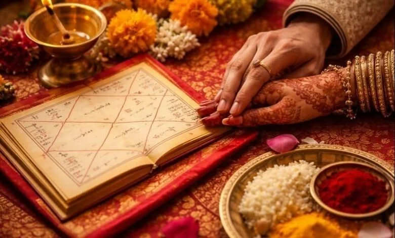 A birth chart being reviewed beside traditional puja items