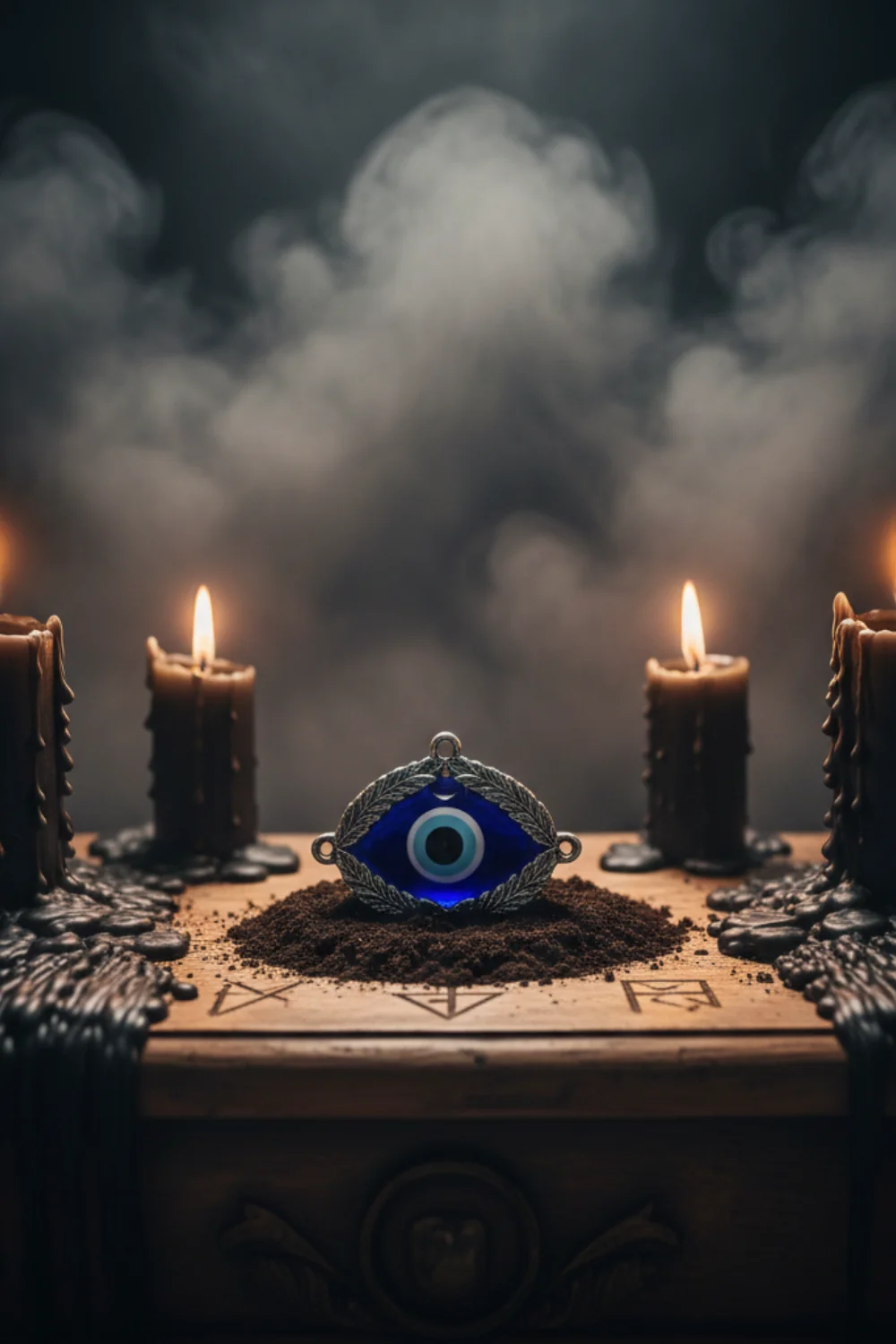 Symbolic protection illustration with candles and an evil-eye motif