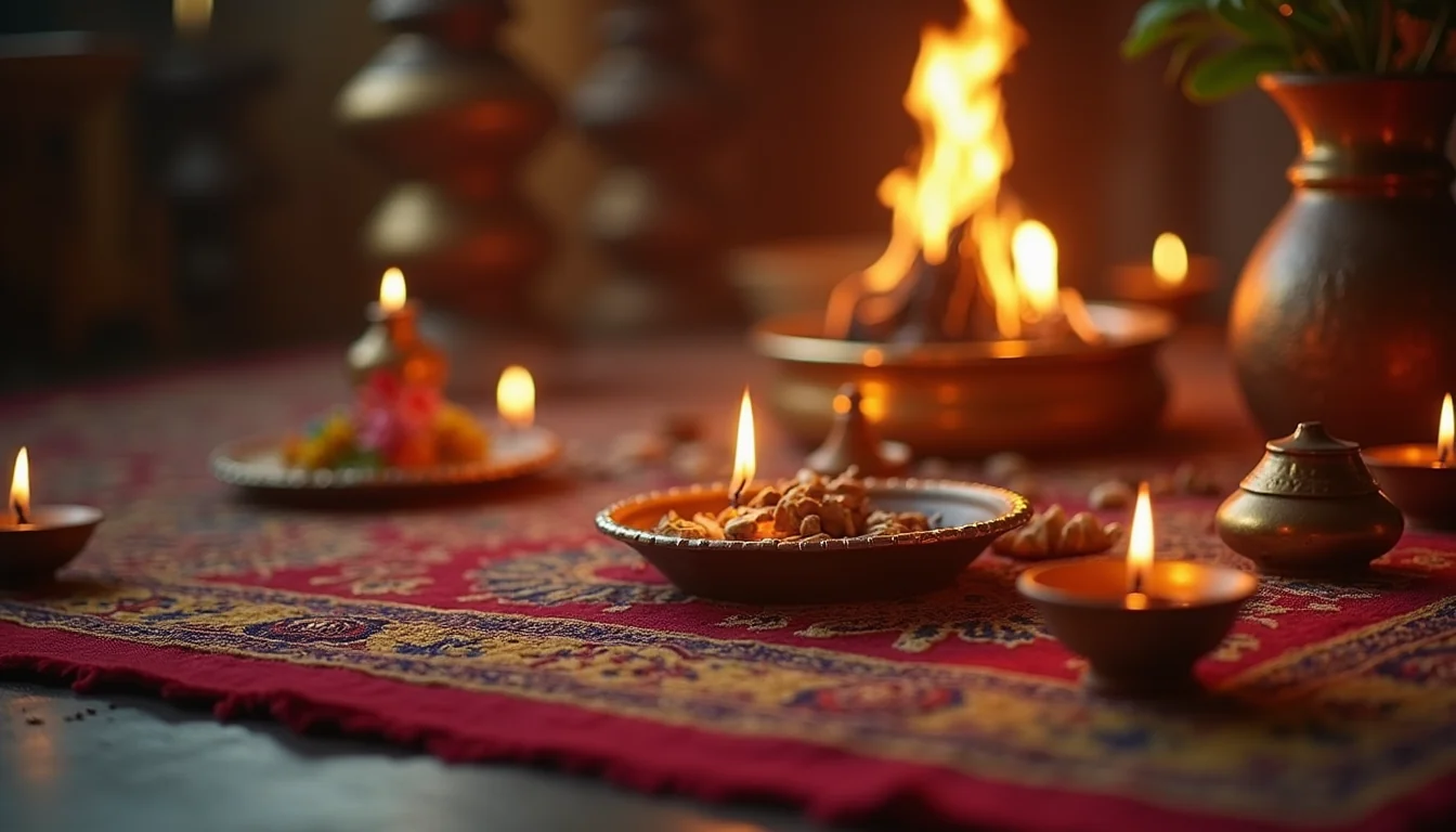 Traditional diyas and puja items arranged near a sacred fire