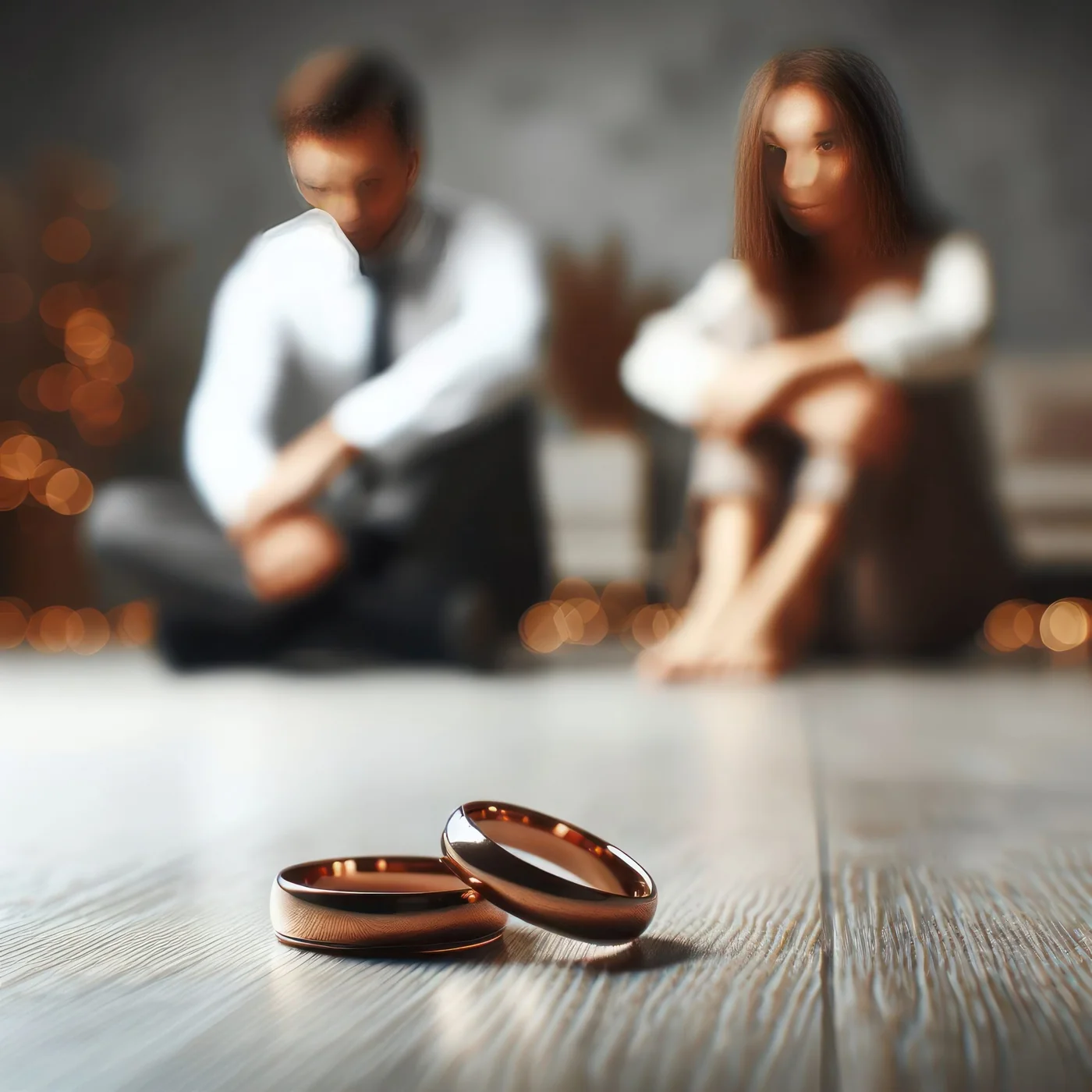 Wedding rings with a couple seated apart in the background