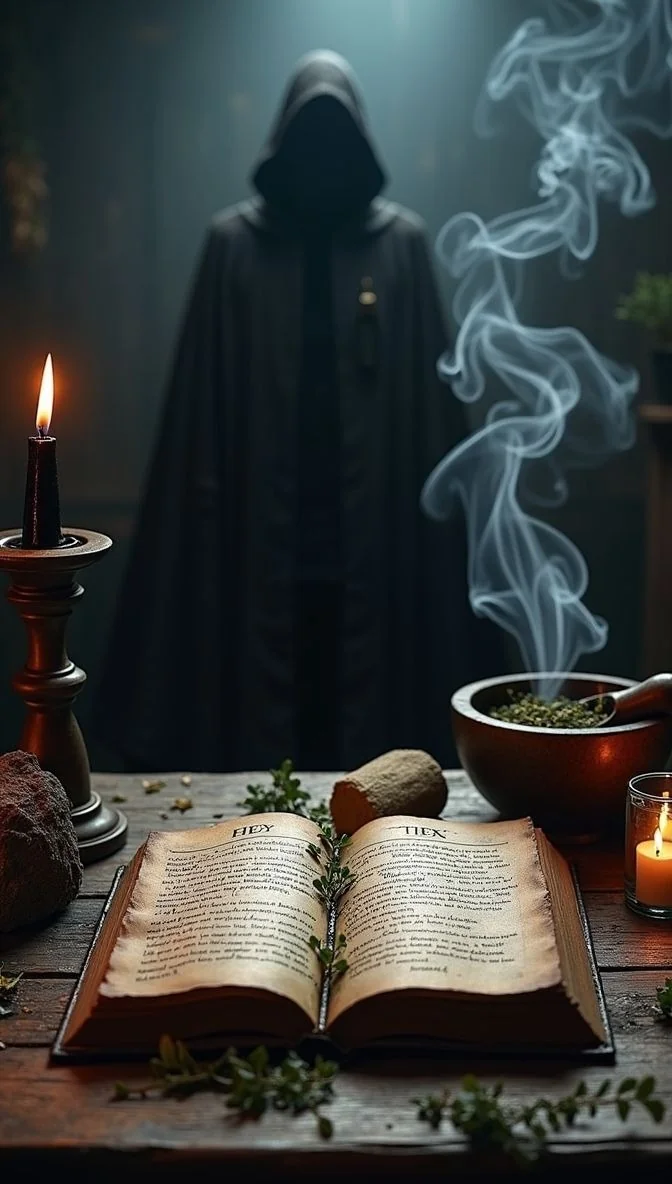 Symbolic ritual illustration with candles, a book and smoke