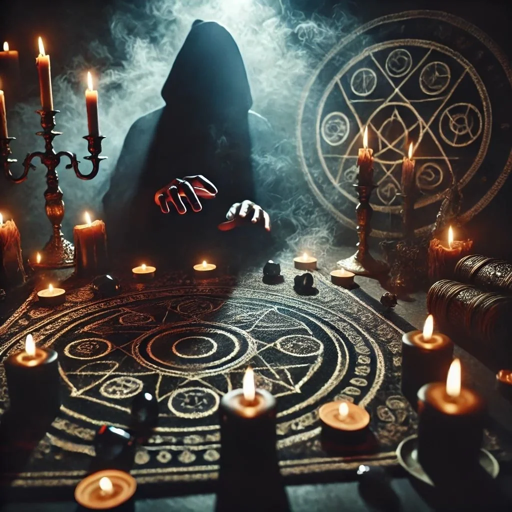 Symbolic occult-themed illustration with candles and zodiac motifs