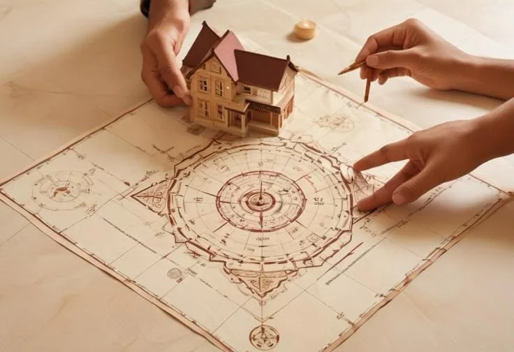 Hands reviewing a house model and architectural floor plan