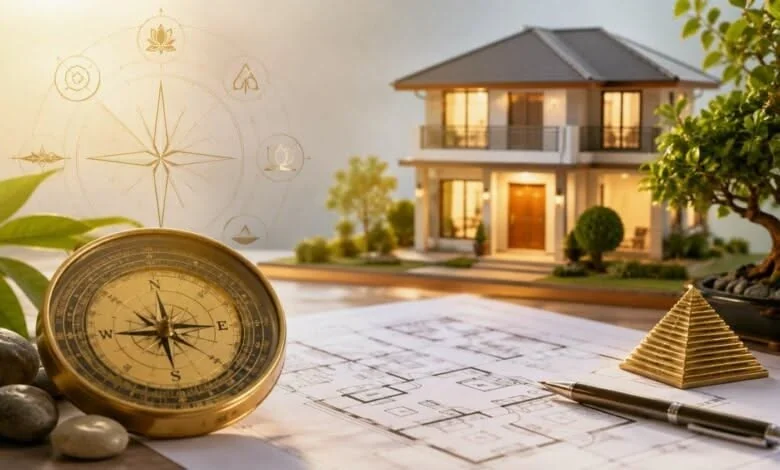 Vastu illustration with a home, compass and floor plan